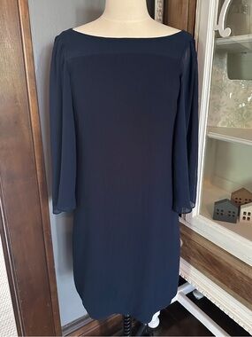 Navy Boatneck sheer sleeve Shift Dress